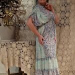 Vestido Longo em Seda Indiana Mangas Ajustáveis Decote V Lastex Marinho e Turquesa
