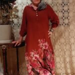 Vestido Longo em Linho Italiano com Mangas Longas Barrado Flor Telha